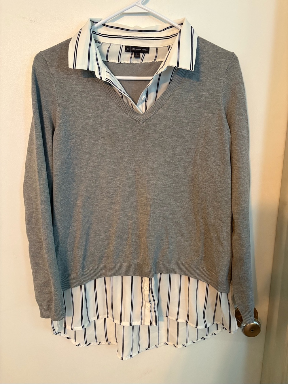 Adrianna Papell Gray V-Neck Sweater with White Navy-Striped Shirt Detail